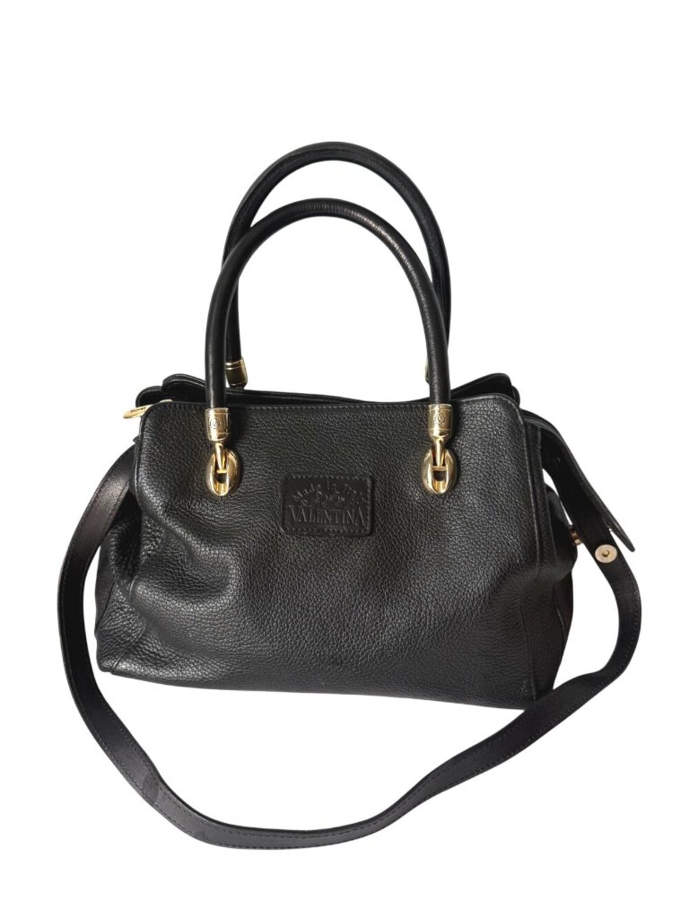 Valentina Black Leather Satchel Handbag Gold Hardware Dual Handles Italy